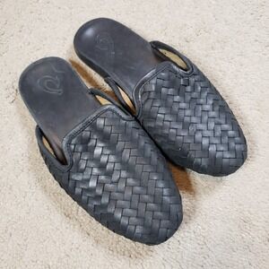 OLUKAI Mi'i Womens Sandals 7.5 Black Leather Mule Braided Woven Sandals Slip On